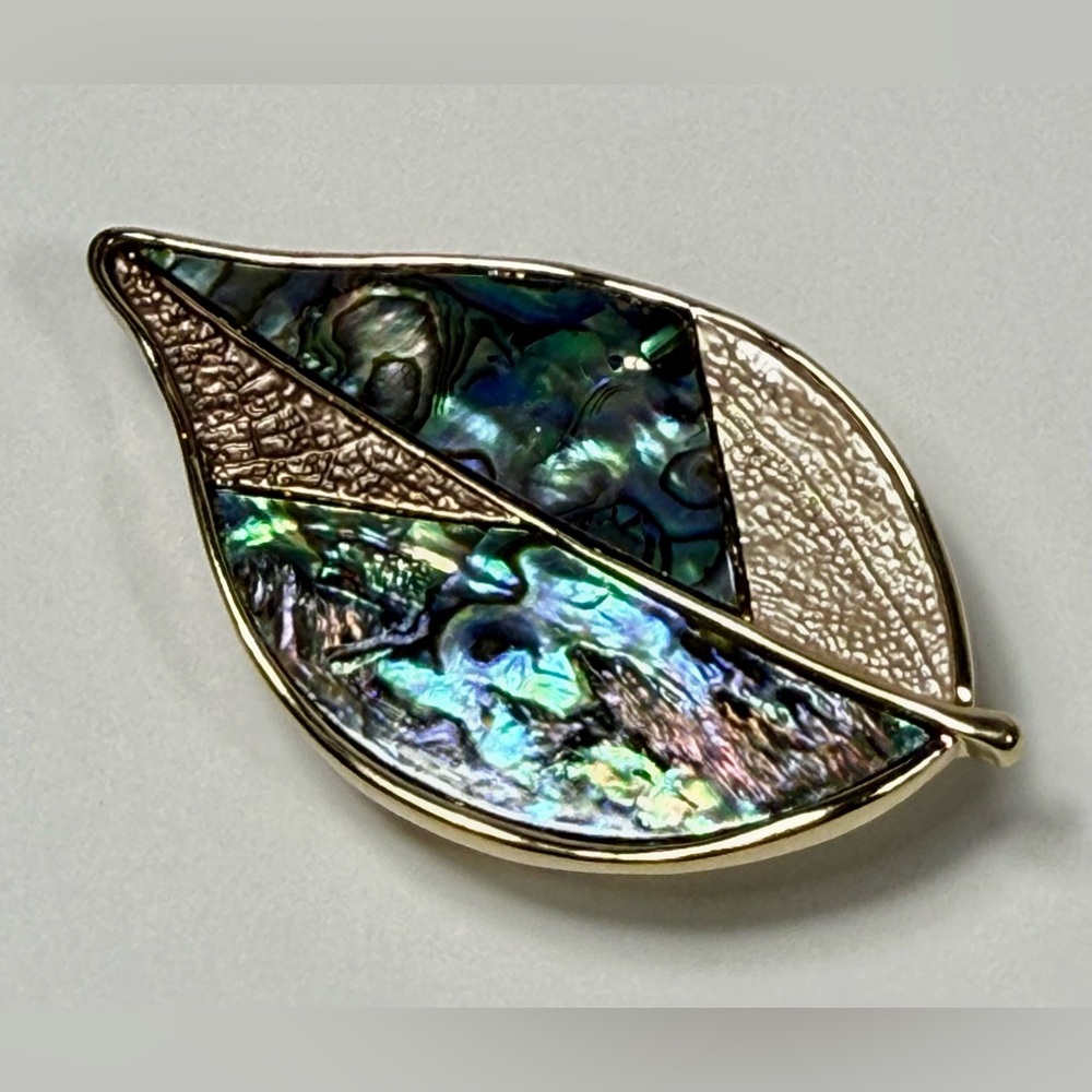 Abalone Shell Leaf Magnetic Brooch Gold Tone Iridescent Statement Pin